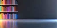 Colorful glowing books on shelf with reflection on glossy floor against dark wall, creating vibrant rainbow spectrum effect in modern minimalist interior.