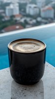 Black ceramic coffee cup with creamy foam on poolside ledge overlooking blurred city skyline, luxury morning beverage concept for hospitality and travel.
