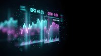 Futuristic holographic stock market charts displaying financial data with glowing neon effects on dark background for trading and investment presentations.