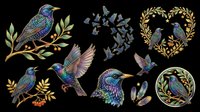 Iridescent starlings and hummingbirds clipart set, isolated on transparent background, ready for t-shirt design, stickers, sublimation, and print on demand use.