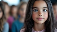Young Hispanic girl with long dark hair and bright blue eyes looking directly at camera with gentle smile, blurred people in background for education or lifestyle design.