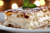 Layered dessert with cream filling and powdered sugar dusting on white plate, garnished with fresh mint leaf against soft bokeh background lighting.