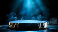 Stone platform with dramatic blue spotlight and rising smoke creates mystical atmosphere on dark background, suitable for product display or spiritual concept.