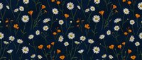 Seamless floral pattern with white daisies and orange poppies on dark navy background. Delicate wildflower design perfect for fabric, wallpaper and decor.