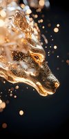 Glowing golden wolf head with sparkling particles against dark background, mystical animal portrait with magical bokeh lights and shimmering effect.