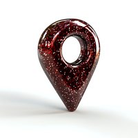 Red glittery location pin marker symbol on white isolated background, glossy navigation pointer with sparkle effect for maps and GPS applications.