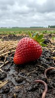 Fresh ripe strawberry growing in rich soil with earthworms on organic farm field. Agricultural concept for healthy farming and sustainable food production.