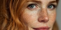 Close-up portrait of young Caucasian woman with freckles and wavy red hair. Natural beauty concept for skincare and cosmetics advertising campaigns.