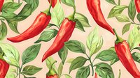 Seamless pattern with bright red chili peppers and green leaves on light pink background. Spicy food ingredients in repeating botanical design for fabric and wallpaper.