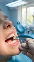 Patient receiving dental examination with mirror and probe in modern clinic office for oral health checkup and preventive care treatment.