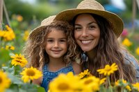 Happy mother and daughter wearing straw hats smiling together in sunflower field during summer day for family bonding and outdoor activities.