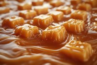 Soft caramel candy pieces floating in smooth melted caramel sauce with rich golden brown tones and glossy texture, captured in macro photography detail.