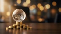 Crystal globe on golden coins stack with warm bokeh lights background representing global finance and investment growth opportunities.