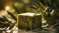 Natural olive oil soap bar with fresh olive branches in warm golden light, showcasing artisanal Mediterranean skincare product.