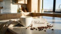 Cozy kitchen scene with a white coffee mug, scattered coffee beans, and a welcome card on a marble countertop in warm morning light.