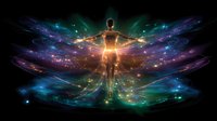 Glowing silhouette of person with outstretched arms emanating colorful cosmic energy wings against starry galaxy background, representing spiritual awakening and transformation.