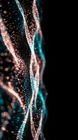 Abstract flowing particles with teal and pink light streams creating dynamic wave motion against black background for digital art and technology designs.