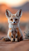 Adorable fennec fox kit sitting on sandy ground with large ears and fluffy tail against warm sunset desert landscape background for wildlife photography.