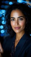 Young Latin American businesswoman with curly dark hair and natural makeup smiling confidently against blurred blue bokeh lights background in evening setting.