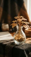 Golden money tree with coins in a glass vase on a cozy table, symbolizing wealth, prosperity, and financial growth in feng shui decor.