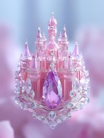 Pink crystal castle with purple gemstone centerpiece on dreamy pastel background for luxury jewelry design and fantasy themed projects.