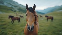 Wild brown horse with expressive eyes in mountain meadow, other horses grazing in blurred background. Natural landscape with green pastures and misty peaks creates serene scene.