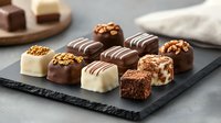 Assorted luxury chocolate bonbons and pralines with different toppings and decorations arranged on black slate board. Gourmet confectionery background.