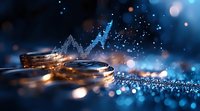 Golden coins with rising financial graph chart in blue sparkle background, glowing bokeh lights and magical glitter effect create wealth concept.