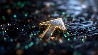 Glowing golden arrow symbol on dark textured surface with scattered bokeh lights and reflections creates futuristic technology concept for business growth.