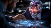 Businessman interacting with glowing digital head projection over illuminated table interface, representing artificial intelligence and machine learning in corporate setting.