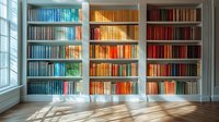 Colorful books arranged by spectrum colors on white built-in shelves with natural sunlight casting dramatic shadows through windows, creating cozy library atmosphere.