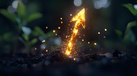 Glowing magical arrow emerging from dark ground with sparkling light particles and bokeh effects against blurred natural background.