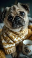 Adorable pug dog wearing cozy knitted sweater sitting with coffee mug, perfect for pet fashion, winter comfort, and lifestyle content for social media campaigns.