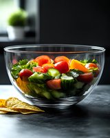 Fresh garden salad with colorful cherry tomatoes, cucumber slices, and herbs in clear glass bowl on dark surface, served with crispy tortilla chips.