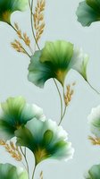 Elegant ginkgo biloba leaves in soft green hues with golden wheat stalks on light background create serene botanical pattern for wallpaper and textile design.