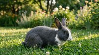 Gray and white rabbit sitting on green grass in sunny garden setting with blurred foliage background, suitable for pet, nature, and springtime themed projects.
