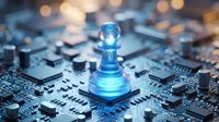 Blue glowing chess pawn piece standing on computer circuit board with electronic components and warm bokeh lights in background for technology concepts.