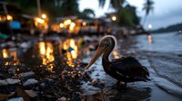 Brown pelican standing in shallow water at dusk, with glowing lights reflecting on wet sand and palm trees silhouetted in background, creating moody coastal atmosphere.