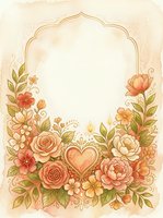 Vintage watercolor floral frame with roses, peonies, and a golden heart on warm beige background, perfect for wedding cards and invitations.
