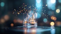Magical glowing particles rising from glass on reflective surface with bokeh lights in background, creating mystical atmosphere for beverage advertising.