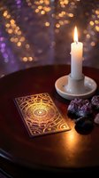 Mystical tarot card with ornate golden mandala design beside burning white candle and amethyst crystals on wooden table with warm bokeh lights background.