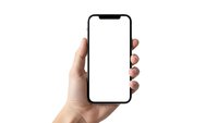 Hand holding modern smartphone with blank white screen isolated on white background for app presentation and mobile technology mockup design.