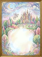 Watercolor fairy tale frame with castle, dragon and magical forest in pastel colors. Fantasy border template for invitations, cards and storytelling projects.