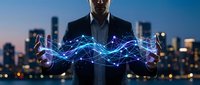 Professional businessman holding glowing digital network connections with city skyline background at dusk for technology and business concepts.