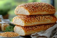 Fresh baked sesame bread rolls stacked in layers showing soft texture inside and golden crust covered with toasted seeds on rustic background.