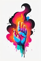 Vibrant raised hand silhouette with dripping paint effect against gradient smoke background in neon pink, orange and blue colors, stylized urban art composition.