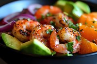 Grilled shrimp salad with fresh avocado slices and citrus segments, garnished with herbs and red onion on dark plate, close up view of gourmet seafood dish.