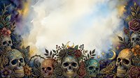 Watercolor skulls with ornate floral elements and botanical details create a mystical, artistic composition. Decorative arrangement features roses, leaves, and ornamental patterns in gold, purple, and blue tones.