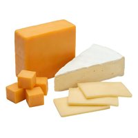Assorted cheese varieties including sharp cheddar block, creamy wedge, and sliced portions isolated on white background for culinary and food design projects.