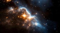 Stunning cosmic nebula with bright glowing stars and luminous gas clouds in deep space, featuring vibrant orange and blue colors against dark starry background.